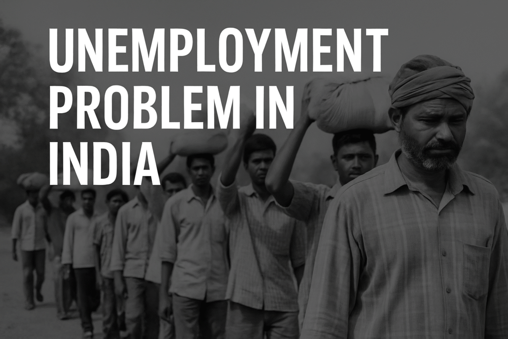 Indian laborers walking in line, symbolizing the unemployment problem in India and economic struggle.