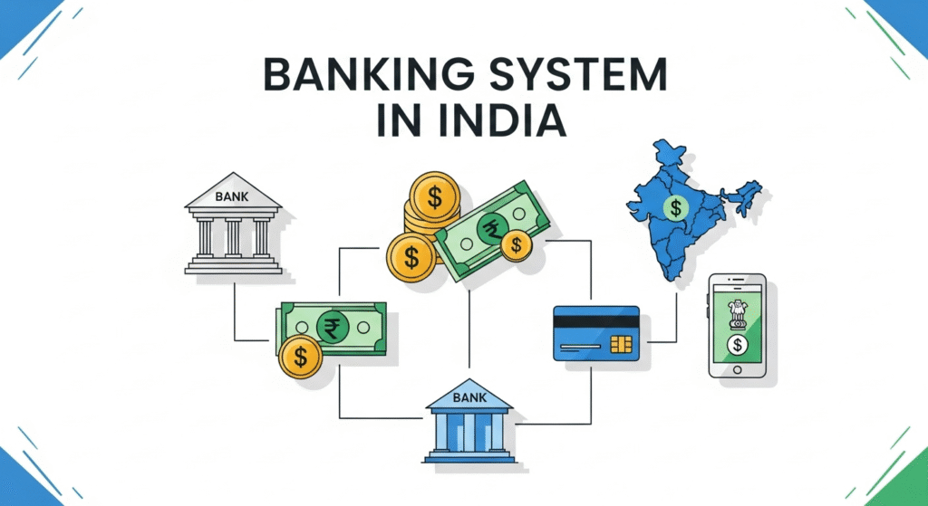Feature image with big heading Banking System in India in clean modern design.