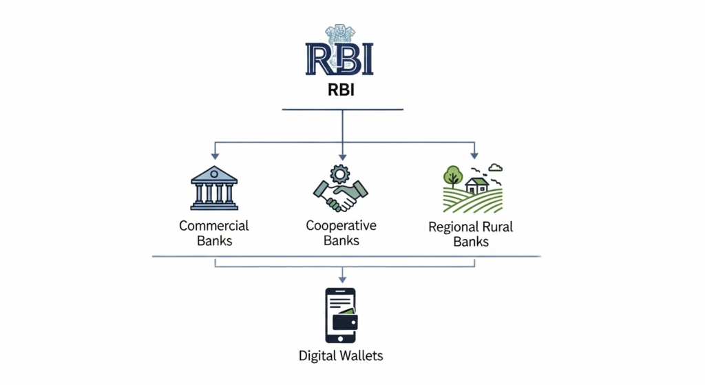 Structure of the Indian banking system showing RBI, commercial banks, and digital banking.