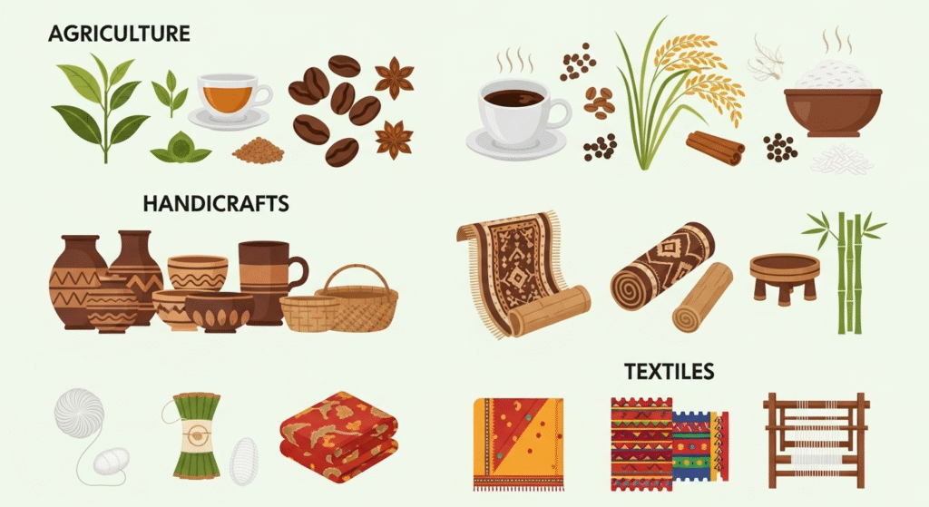 Illustration of GI product categories in India including agriculture, handicrafts, and textiles