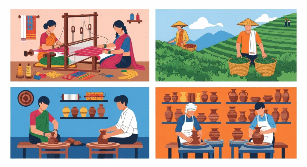 Cultural illustration of Indian artisans, farmers, and craftsmen representing GI tags
