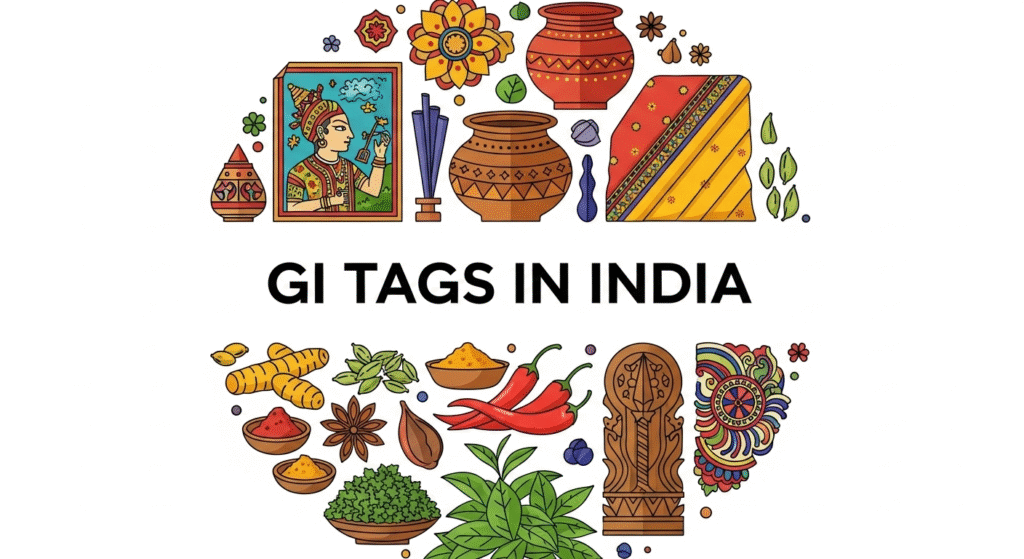 GI Tags in India feature image showing cultural products like silk, tea, handicrafts, and spices