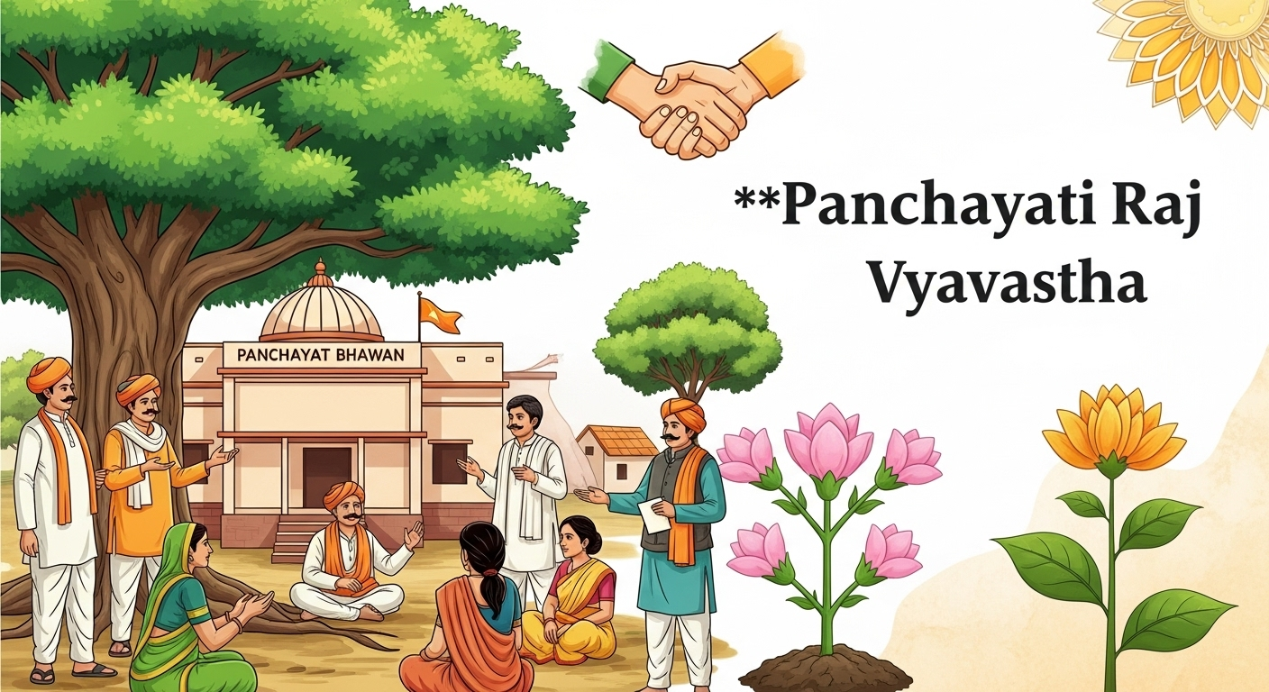 Panchayati Raj Vyavastha in India with village council meeting