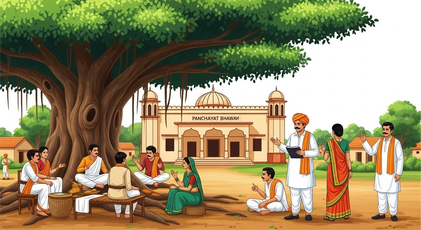 Rural villagers participating in Panchayati Raj Vyavastha under banyan tree
