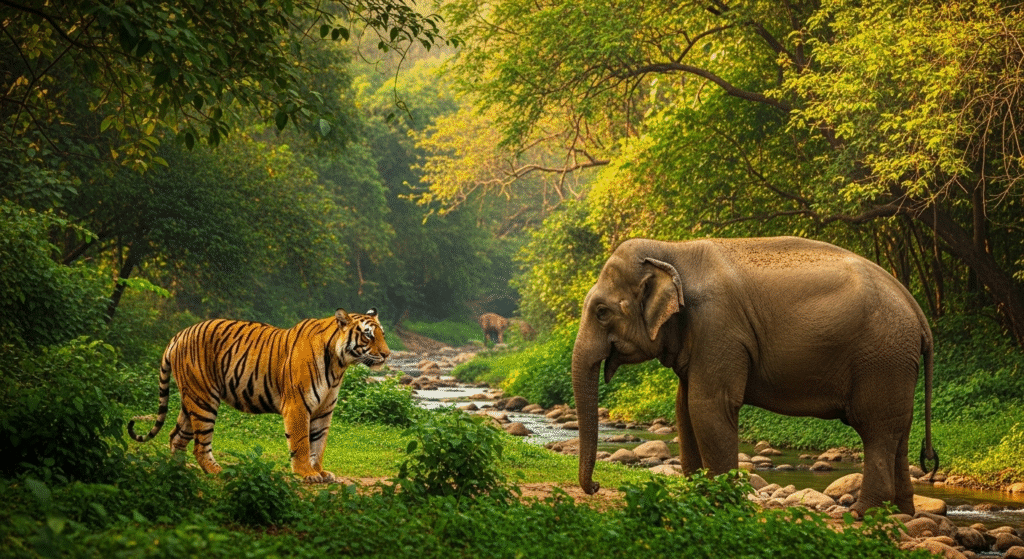 A captivating close-up of a majestic Bengal tiger resting in the lush green foliage of an Indian national park.