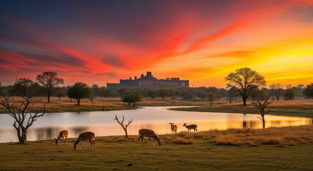 A panoramic view of Ranthambore National Park with the ancient fort ruins silhouetted against a colorful sunset sky.
