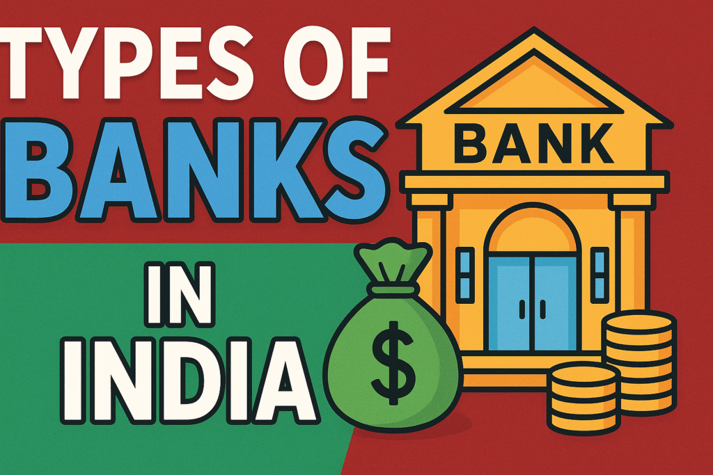 Feature image with heading Types of Banks in India in clean educational design.