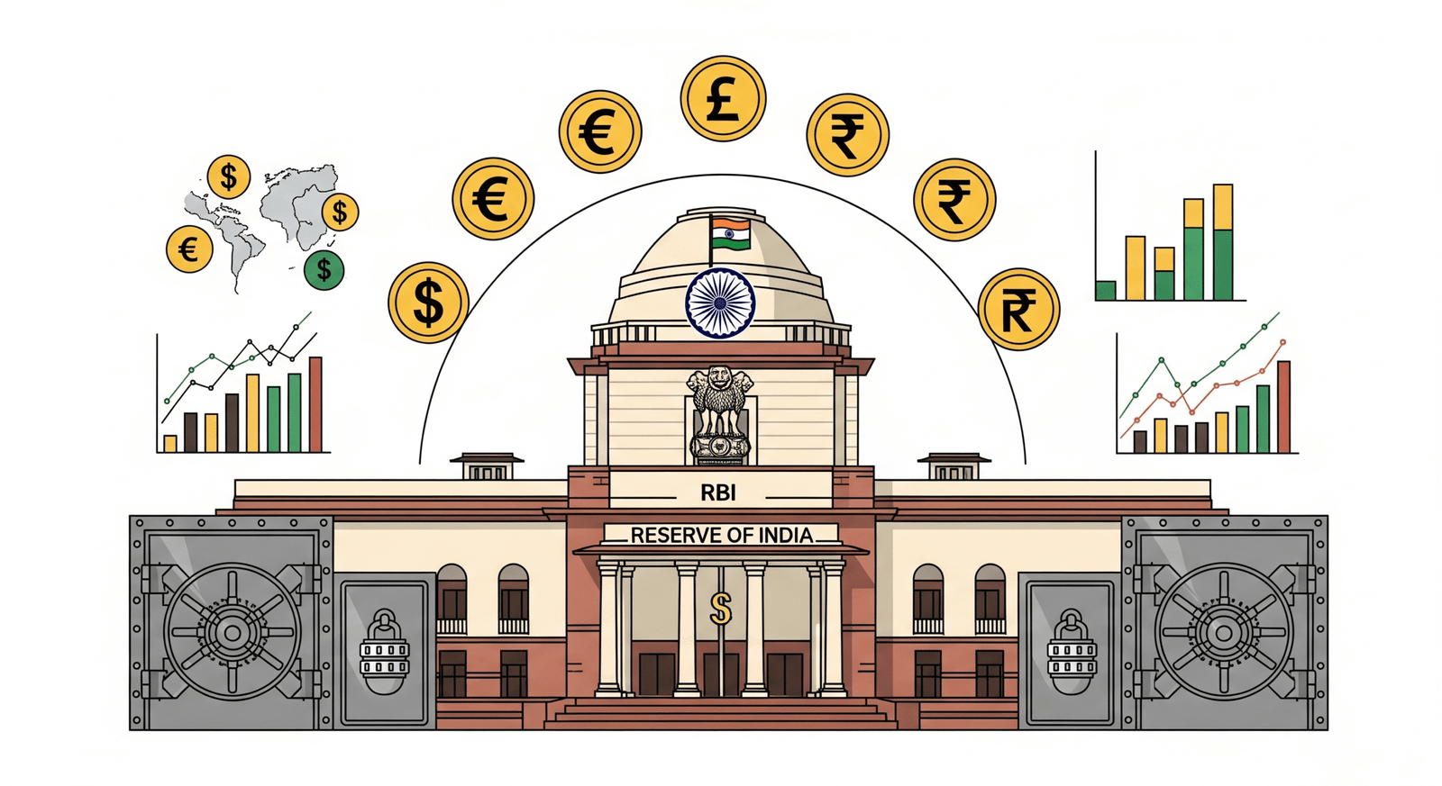 Reserve Bank of India building with emblem, money, and secure vault graphics.