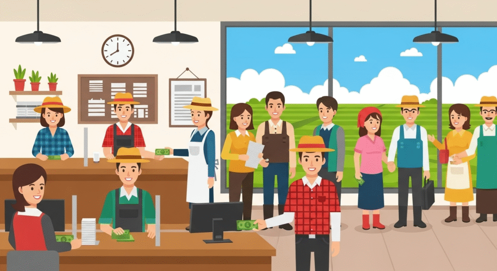 Cooperative bank branch in rural area with farmers and villagers.